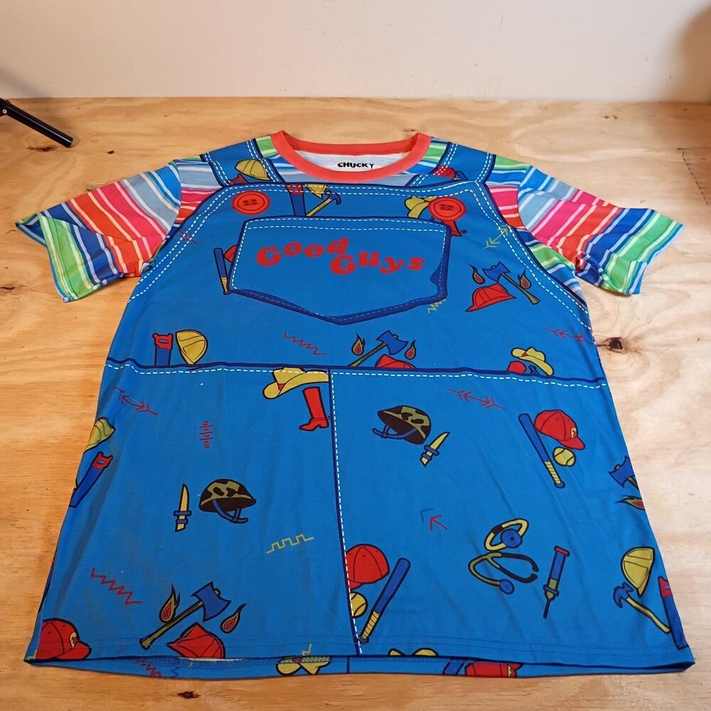 Chucky Good Guys Overalls Costume T-Shirt Men's Size LARGE Halloween Horror Tee
